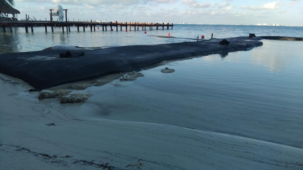 Colocación de geotubos en una playa para recuperación costera